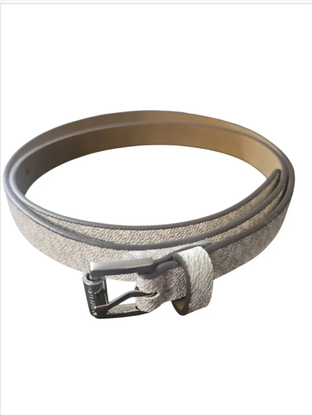 Michael Kors 556334C White Gray Monogram Logo Print Skinny Belt Silver Buckle
